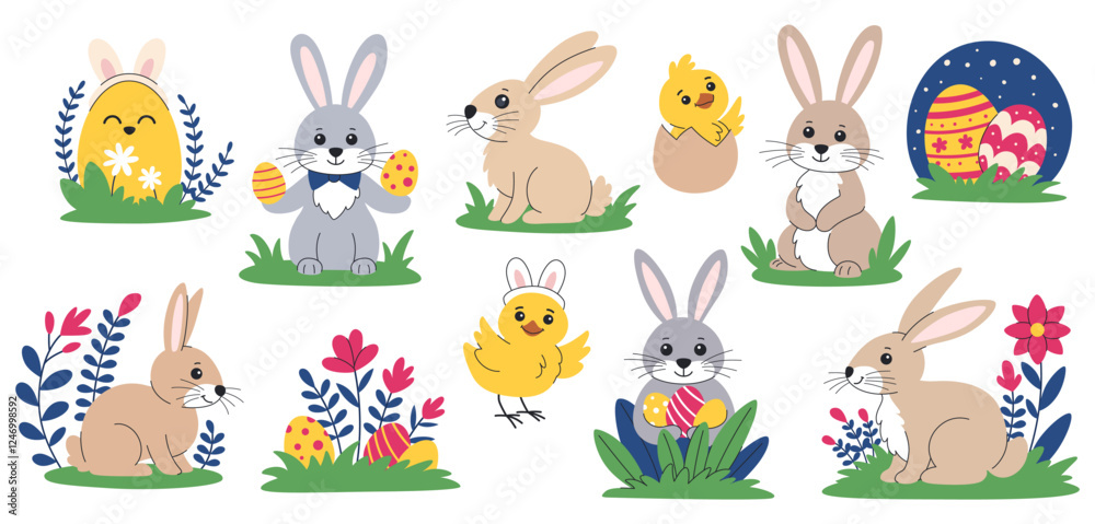 Obraz premium Easter bunnies, chicks and eggs set. Collection of cute Easter animals in flowers. Bright festive elements for Easter design.