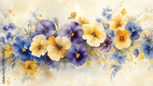 Watercolor floral painting with blue purple and yellow pansy flowers on a light background