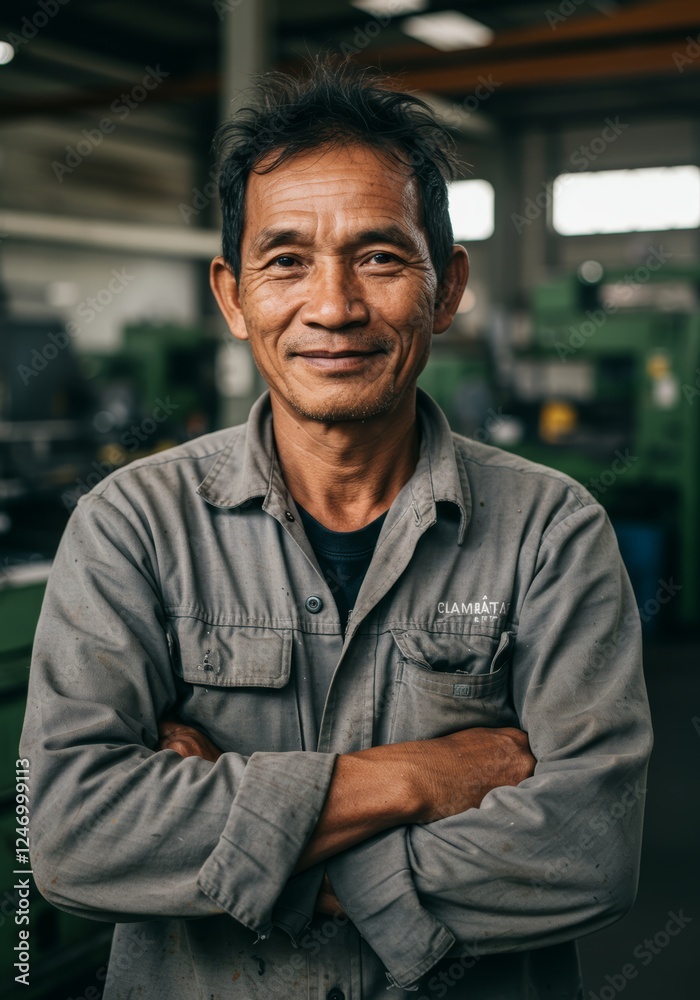 Portrait of a confident Asian factory worker with arms crossed in industrial setting Portrait of a confident Asian factory worker with arms crossed in industrial setting