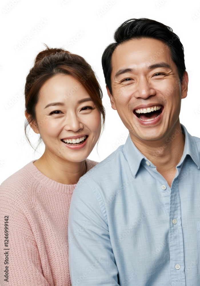 Joyful Asian couple laughing together on a white background, showing happiness Joyful Asian couple laughing together on a white background, showing happiness