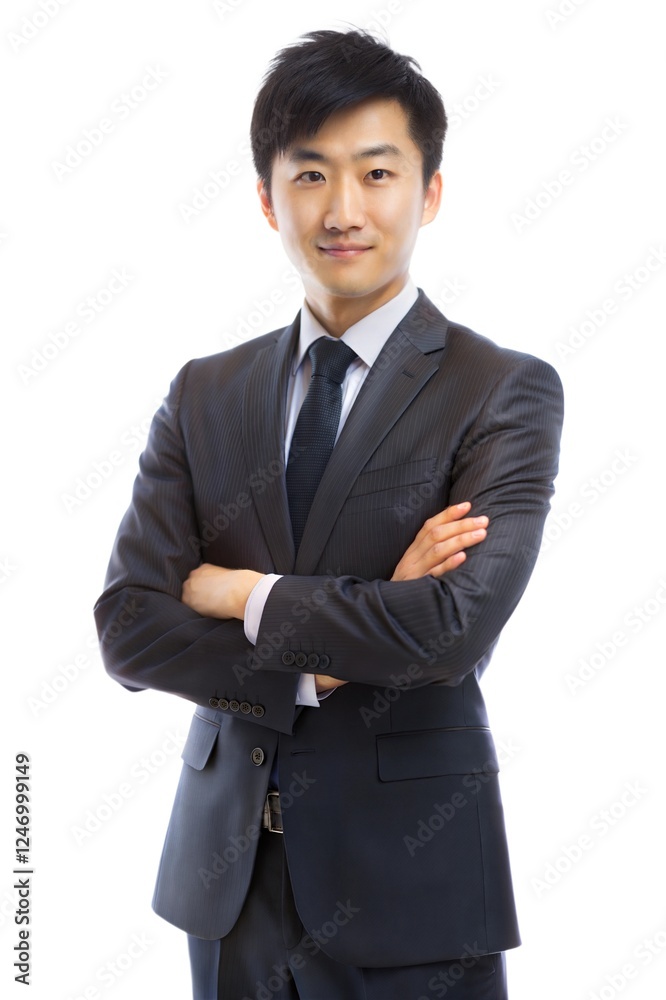 Professional Asian man in a suit poses confidently with arms crossed against a plain background Professional Asian man in a suit poses confidently with arms crossed against a plain background