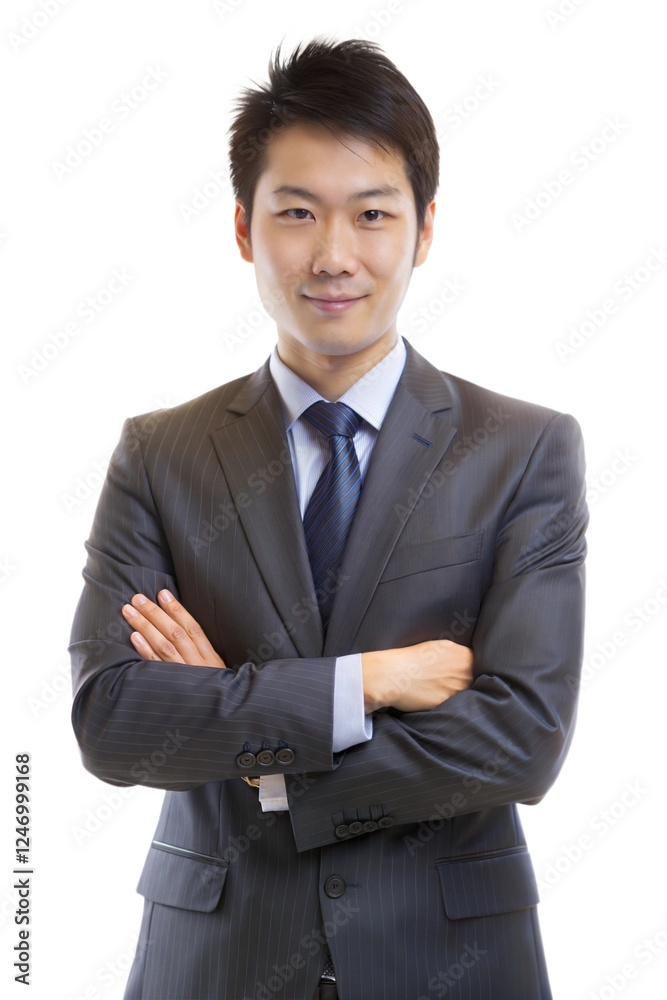 Young professional in a tailored suit poses confidently with arms crossed against a plain background Young professional in a tailored suit poses confidently with arms crossed against a plain background