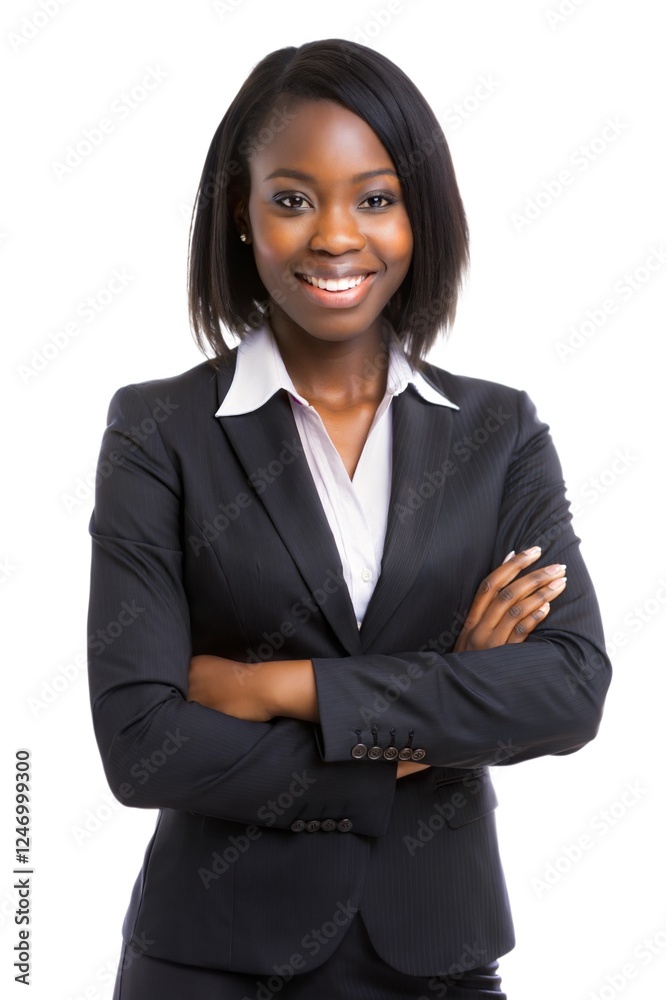 Confident professional woman in a tailored suit poses with arms crossed against a white background Confident professional woman in a tailored suit poses with arms crossed against a white background