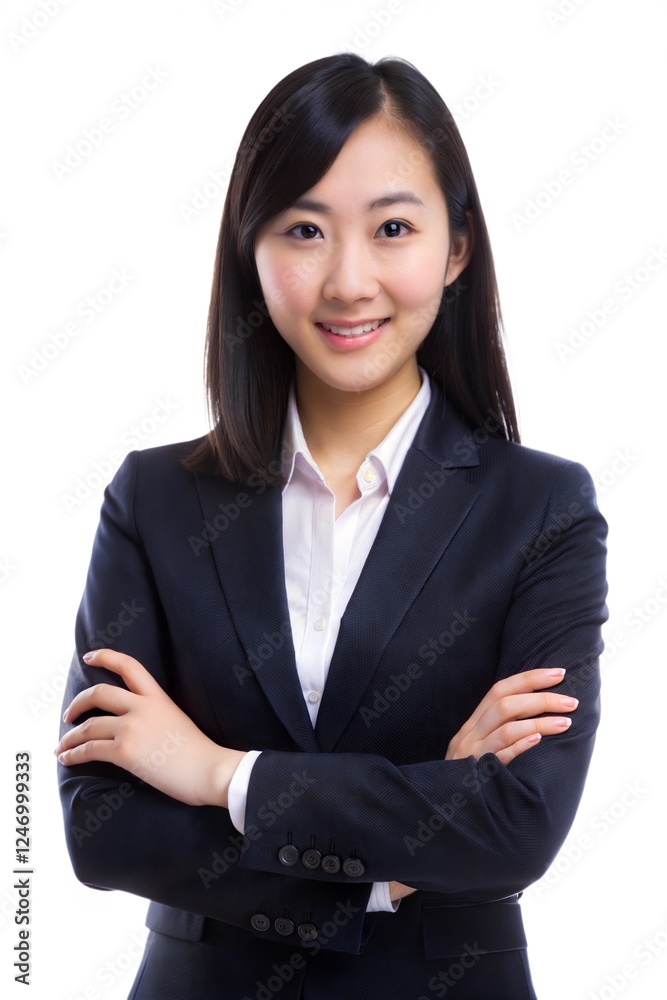 Confident young professional in formal attire poses with arms crossed against a plain background Confident young professional in formal attire poses with arms crossed against a plain background