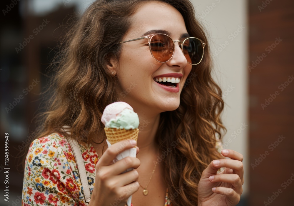 Smiling woman with sunglasses enjoys double scoop ice cream cone in the city during summer Smiling woman with sunglasses enjoys double scoop ice cream cone in the city during summer