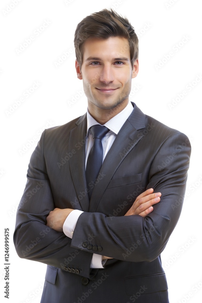 Man in a suit smiles confidently with arms crossed against a white background, projecting professionalism and approachability Man in a suit smiles confidently with arms crossed against a white background, projecting professionalism and approachability