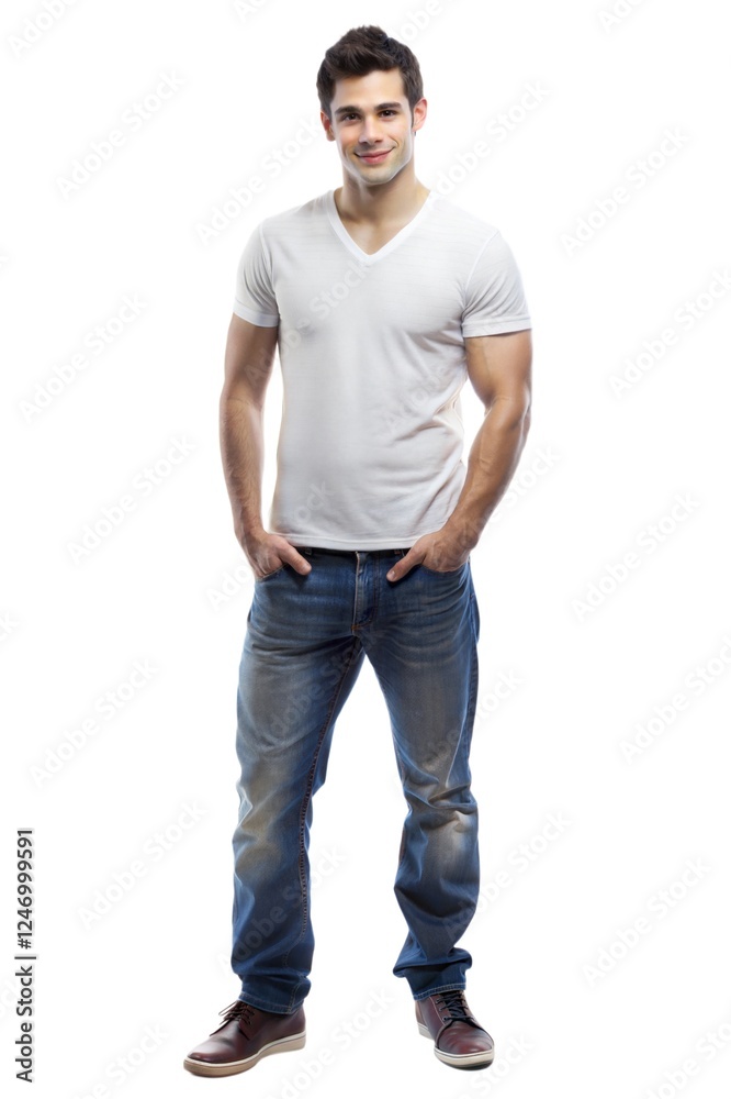 Young man stands with hands in pockets, smiling, wearing casual attire in a studio setting Young man stands with hands in pockets, smiling, wearing casual attire in a studio setting