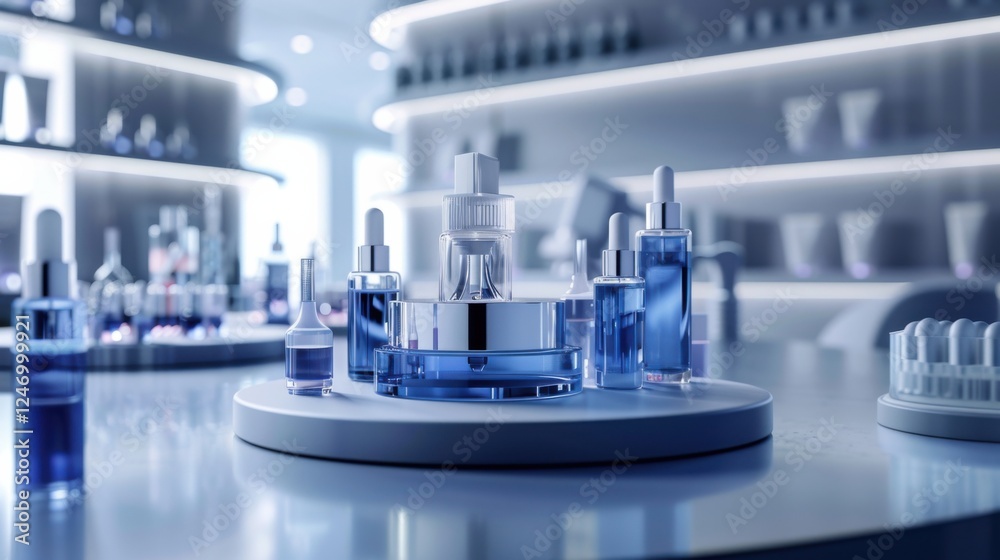 Cosmetic podium display featuring glass flask and cylinder equipment in a modern medical science lab background. 3D rendered, professional and clean Cosmetic podium display featuring glass flask and cylinder equipment in a modern medical science lab background. 3D rendered, professional and clean