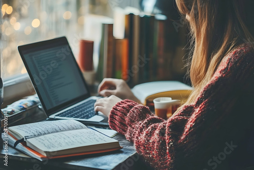 Student attending an online learning session or remote work meeting at a home office desk
