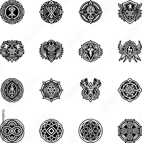 Set of Glyph Style Ancient Pagan Mythology Icons 

