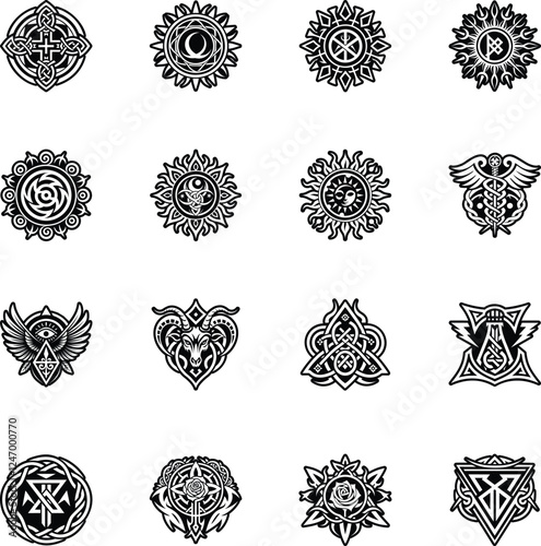 Set of Glyph Style Ancient Pagan Mythology Icons 

