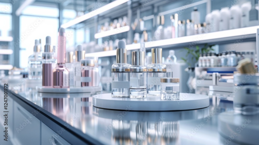 Cosmetic podium display featuring glass flask and cylinder equipment in a modern medical science lab background. 3D rendered, professional and clean Cosmetic podium display featuring glass flask and cylinder equipment in a modern medical science lab background. 3D rendered, professional and clean