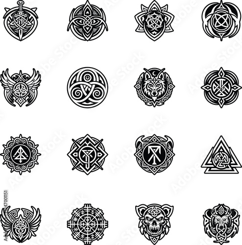 Set of Glyph Style Ancient Pagan Mythology Icons 

