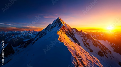 Majestic Snow Covered Mountain Peak at Sunset