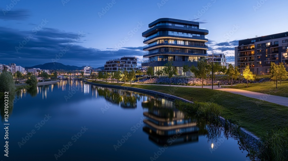 Obraz premium Illuminated modern architecture reflecting on water urban cityscape at night landscape photography serene environment