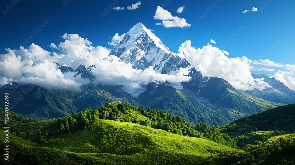 Fototapeta premium Majestic Snowcapped Mountain Peak and Lush Green Valley