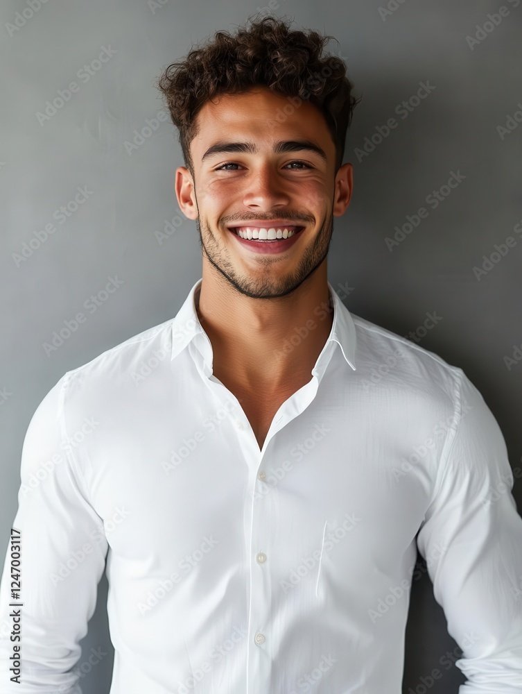 Obraz premium Handsome Young Man Smiling Confidently in White Shirt Against Grey Background