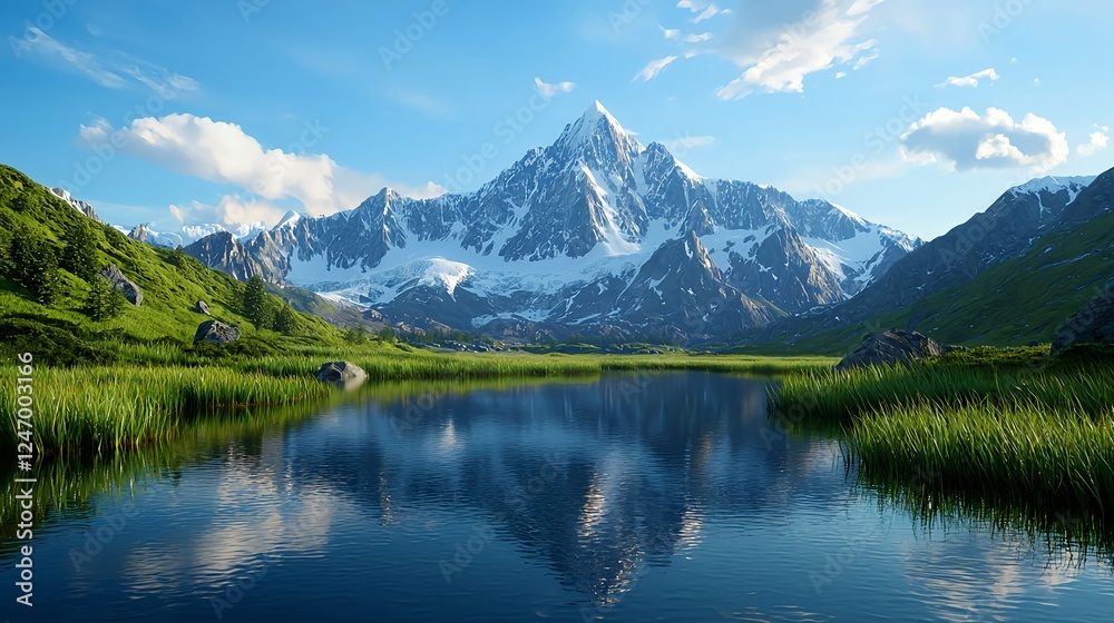 Majestic Snowcapped Mountain Reflecting in a Serene Lake Majestic Snowcapped Mountain Reflecting in a Serene Lake