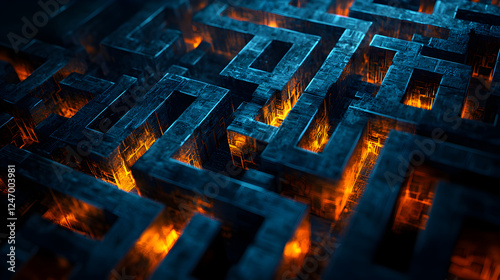 Intricate Maze and Labyrinth Design: A Dark, Three-Dimensional Exploration of Geometry, Pathways, and Vibrant Flames, Shadows, and Illumination – A Surreal and Creative Challenge in Navigation and