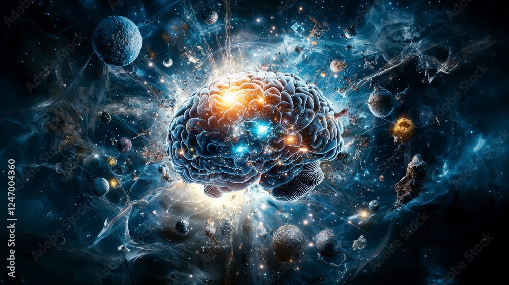 Fototapeta premium Exploring the universe within brain imagery cosmic elements digital art abstract close-up creative visualization