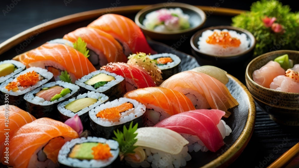sushi and rolls in a large set on a white plate sushi and rolls in a large set on a white plate
