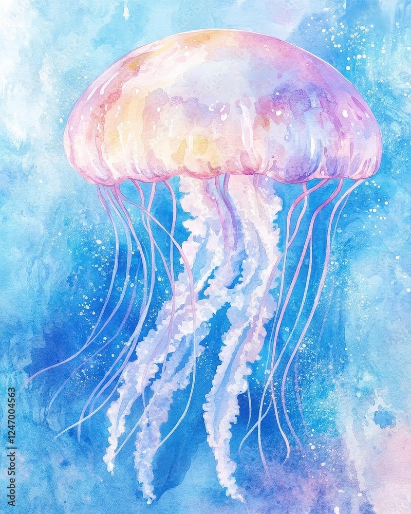 Fototapeta premium Jellyfish Floating Gracefully in the Ocean Watercolor Painting
