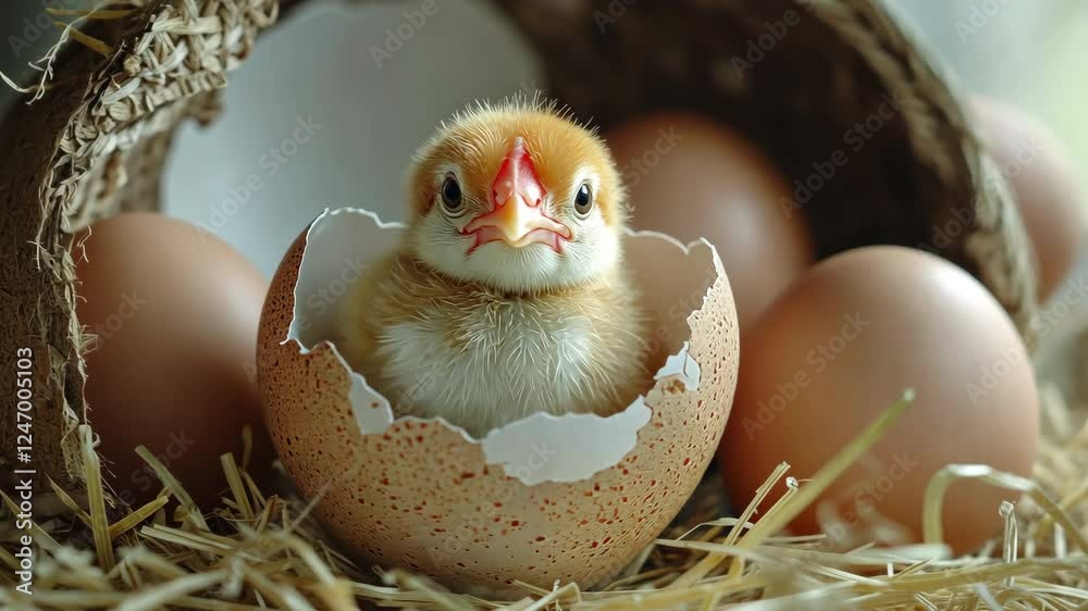 A newborn chick surrounded by eggs and emerges from an eggshell on straw