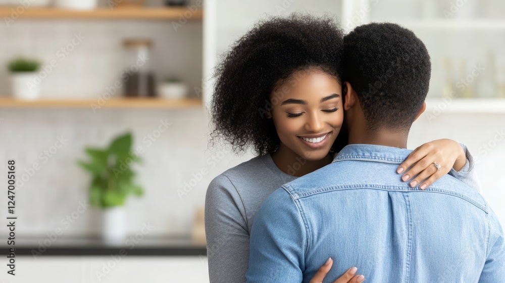 Fototapeta premium Loving Embrace in a Modern Kitchen - A joyful couple shares a loving moment in a modern kitchen, radiating warmth and happiness in their relationship.