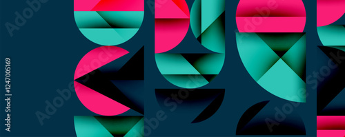 Abstract geometric pattern with intersecting circles and triangles in gradients. The high-contrast composition creates depth and a dynamic, modern aesthetic