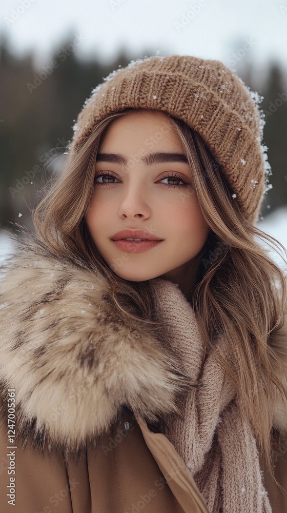 a young woman with long brown hair and a beige knit cap is standing in the snow. a young woman with long brown hair and a beige knit cap is standing in the snow.