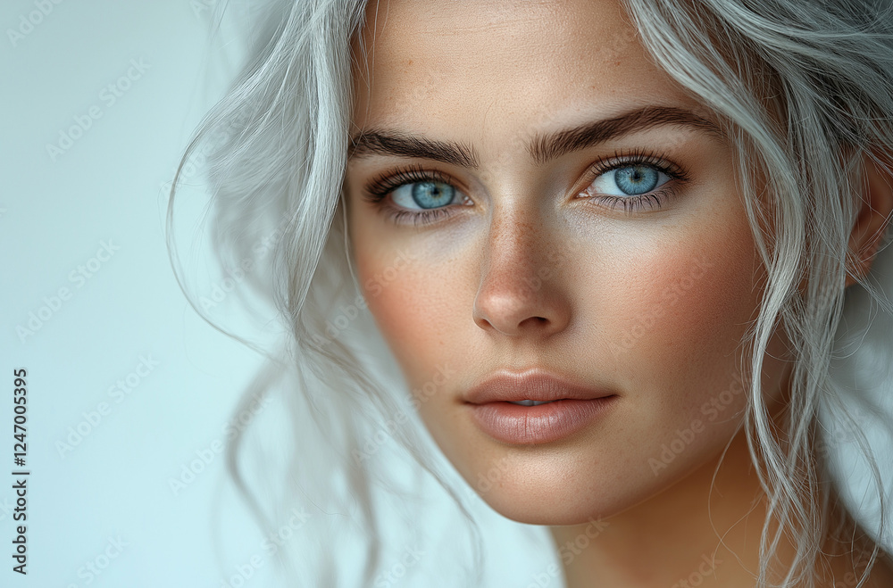 Naklejka premium A beautiful, attractive, and graceful mature woman around 50 years old with white hair gently touches her face in front of a light grey background. This elegant image is perfect for a beauty 