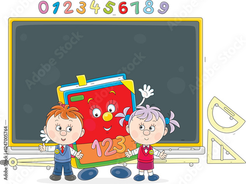 Little first graders and a cartoon character primary mathematics textbook waving in greeting against the background of a class chalkboard, vector cartoon illustration on white