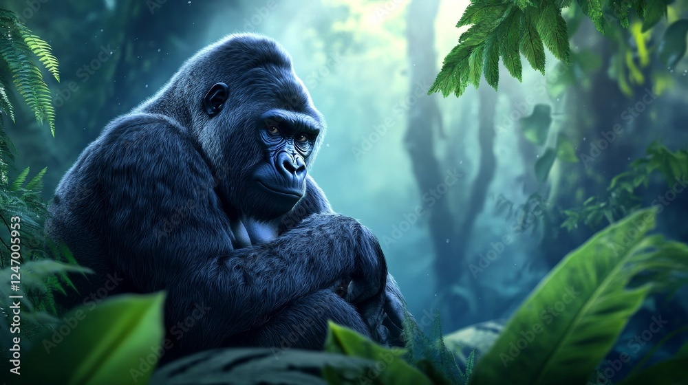 Majestic Gorilla in Lush Jungle Setting - A striking gorilla sitting contemplatively in a vibrant jungle surrounded by lush green foliage and trees. Majestic Gorilla in Lush Jungle Setting - A striking gorilla sitting contemplatively in a vibrant jungle surrounded by lush green foliage and trees.
