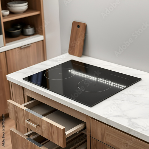 Induction cooker black tempered glass hob aspirating induction hob on marble stoneware countertop with horizontal sliding pull out drawers shelves storage in kitchen cupboard. photo