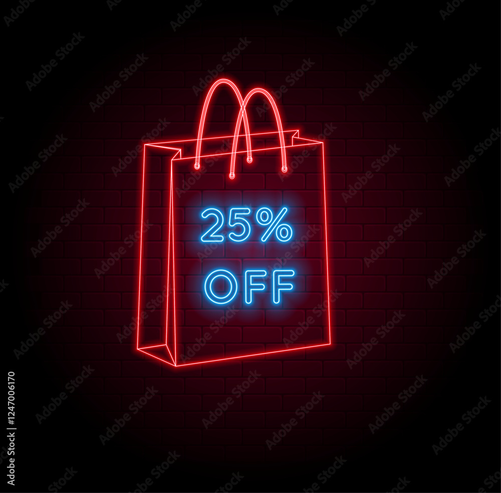 25% off. twenty-five percent off. neon style. brick wall background in red color. Sale symbol with decorative objects. Price tag. 3D shopping bag. Sale banner and poster. Vector illustration.