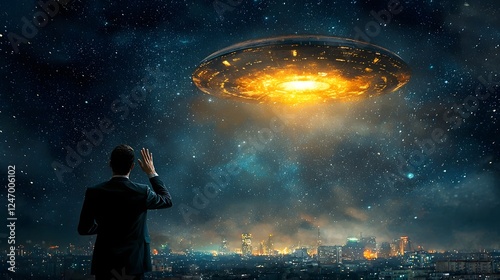 A dark silhouetted figure in a black suit standing in the distance observing and surveying the scene of a crashed unidentified flying object in the night sky with stars twinkling all around