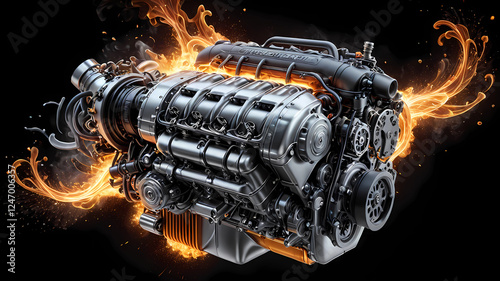 a large engine with flames coming out of it's center and a black background with a black background, Christian Hilfgott Brand, photorealism, unreal engine highly rendered, a computer rendering photo