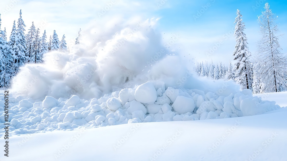 Fototapeta premium Massive Snow Avalanche in Snowy Mountain Forest