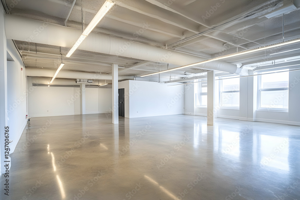 White open space office with a feature wall ready for branding or artwork White open space office with a feature wall ready for branding or artwork