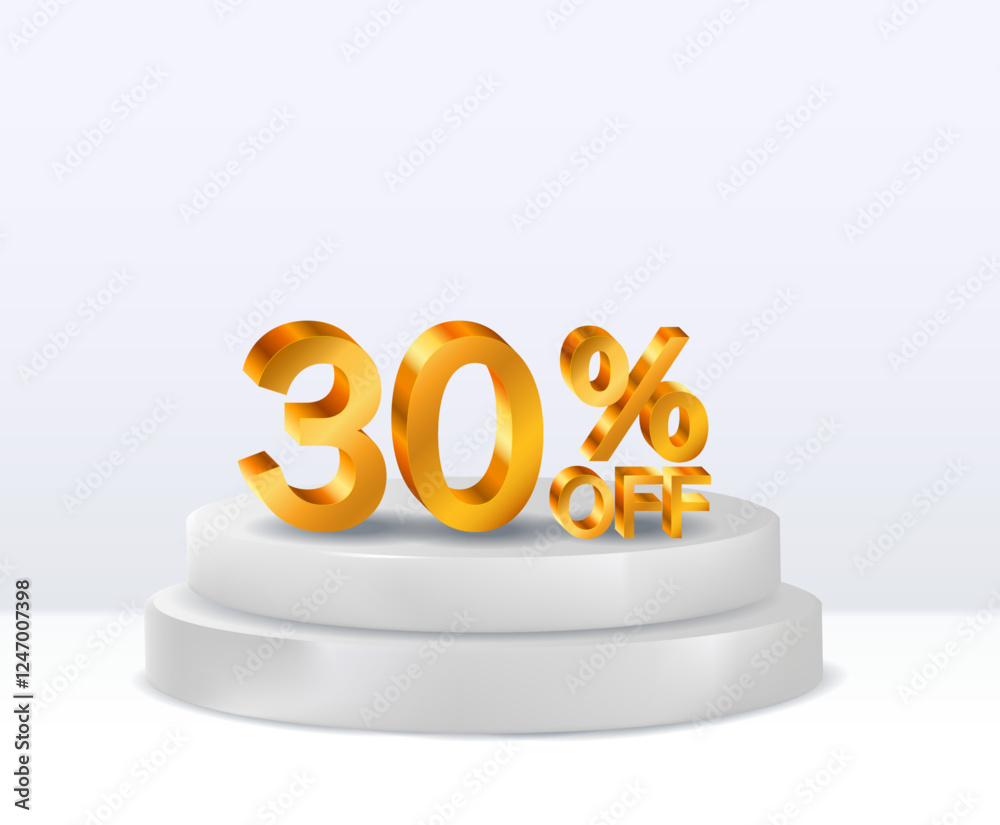 30 percent discount. Discount on creative composition. 3D golden sale symbol. Sale banner and poster. Vector illustration