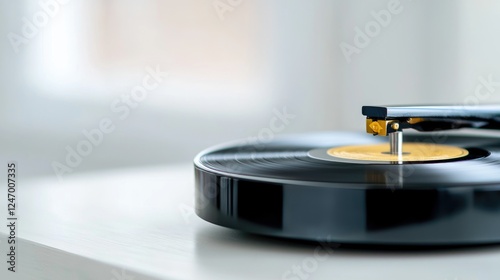 Vinyl record player on white surface, bright background, music enjoyment photo