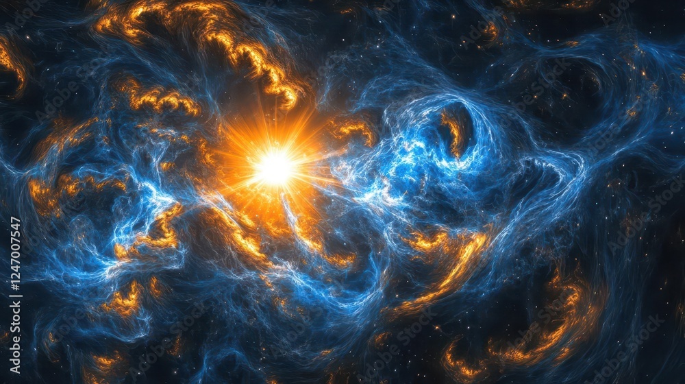 Majestic Blue and White Nebula with Glowing Sun and Distant Stars for Space Exploration Concepts Majestic Blue and White Nebula with Glowing Sun and Distant Stars for Space Exploration Concepts