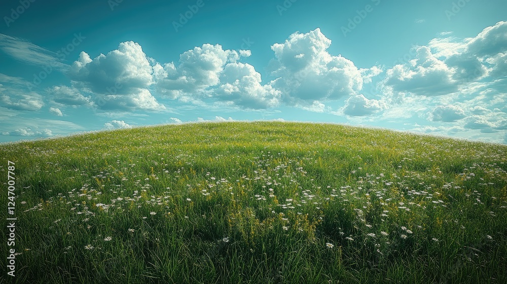 Obraz premium A serene landscape featuring a grassy hill adorned with wildflowers under a blue sky.