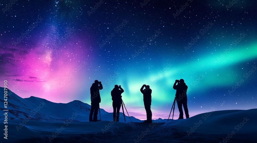 Fototapeta premium Vibrant Night Sky with Aurora Borealis and Photographers - Beautiful night scene featuring silhouette photographers capturing the stunning aurora borealis in a serene landscape.