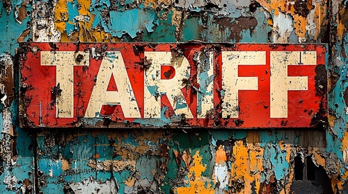 A giant rusted and weathered TARIFF sign looms over an abandoned dilapidated factory symbolizing the decline of the manufacturing industry and the economic shifts brought on by trade policies