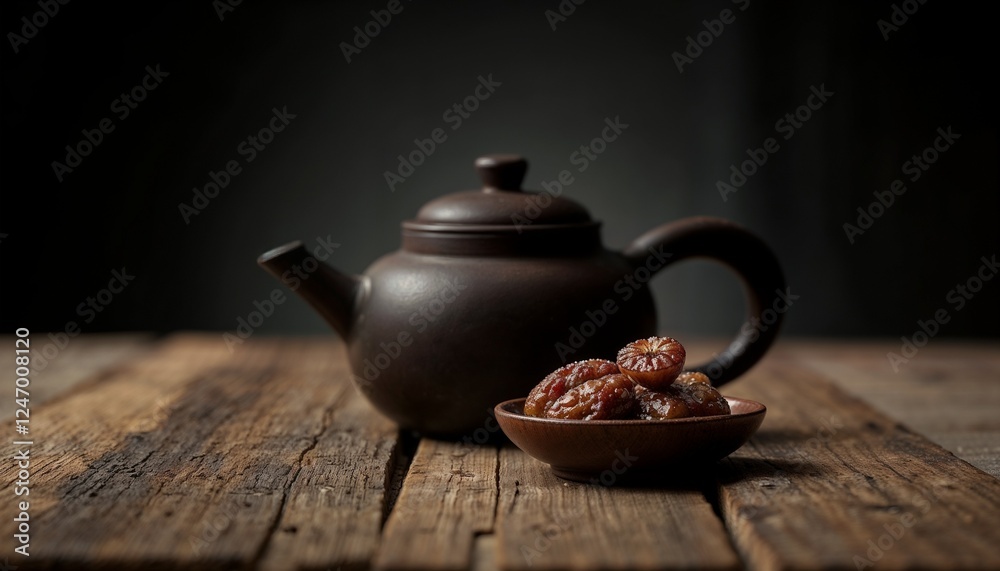 Traditional ceramic teapot with a plate of dried fruits on rustic wooden table