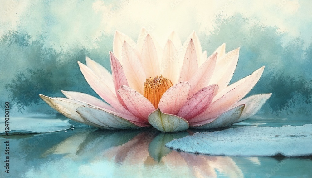 Beautiful pink water lily blooming on serene pond surface in tranquil nature setting