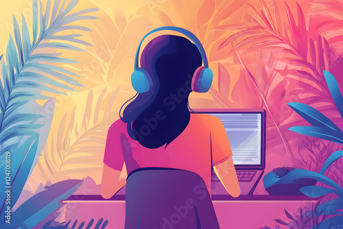 Woman using headphones for a web conference while working remotely