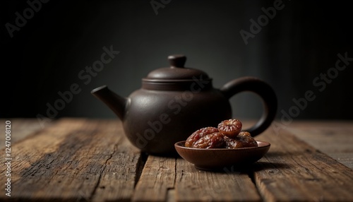 Obraz na płótnie Traditional ceramic teapot with a plate of dried fruits on rustic wooden table w salonie