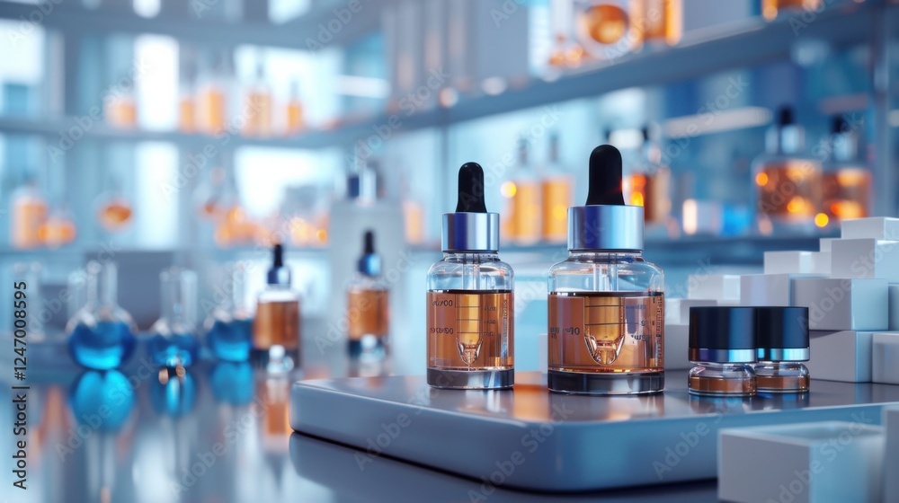 Cosmetic podium display featuring glass flask and cylinder equipment in a modern medical science lab background. 3D rendered, professional and clean Cosmetic podium display featuring glass flask and cylinder equipment in a modern medical science lab background. 3D rendered, professional and clean